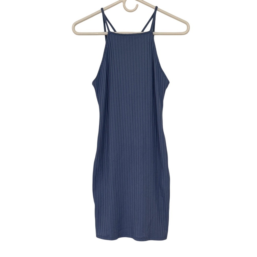 Forever 21 Ribbed Bodycon Mini Dress Blue Strappy Criss Cross Back